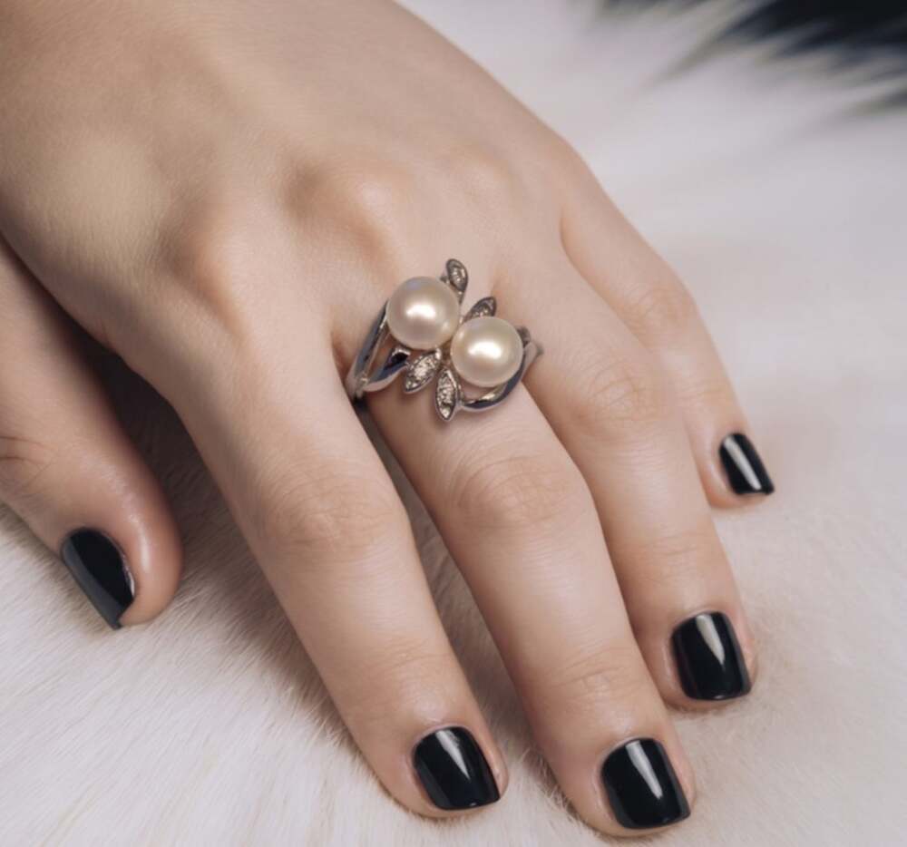 Vintage Double Cultured Pearl & Leaves Ring 925 Stamp Sterling Silver Size 5.75